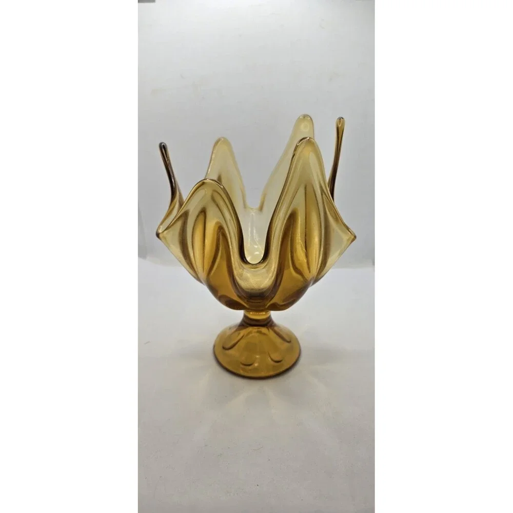 Vintage VIKING Epic Six Petal Amber-Gold Handkerchief Swung Glass Pedestal Vase